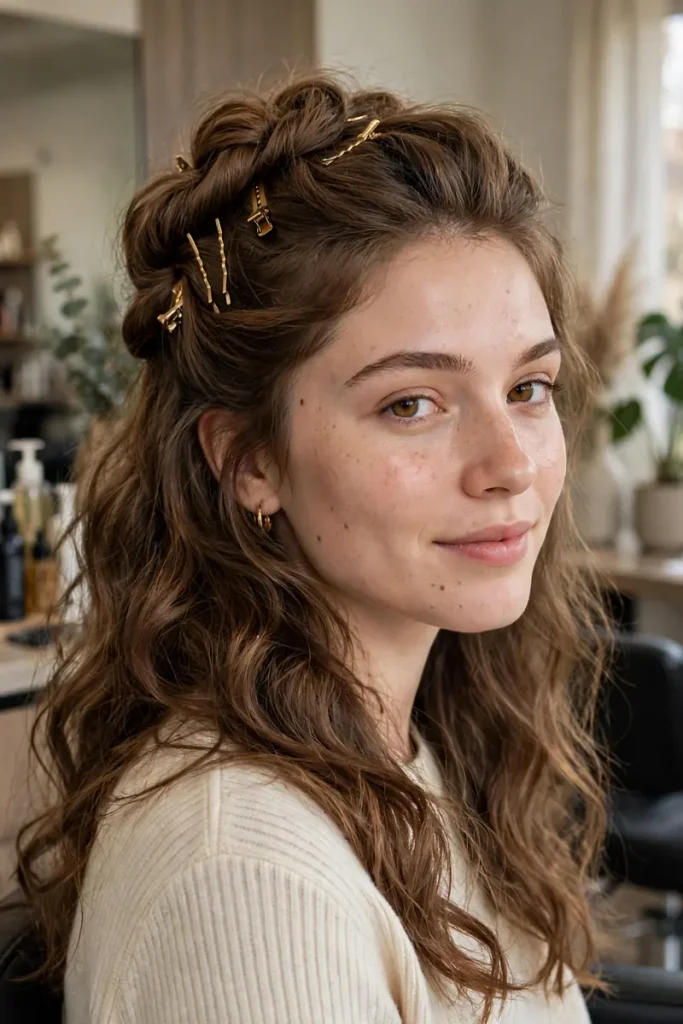 17 Easy Hairstyles for Thick Hair Sorted by How Many Elastics and Pins You Actually Need 10 thick 09 pinned halfup twist