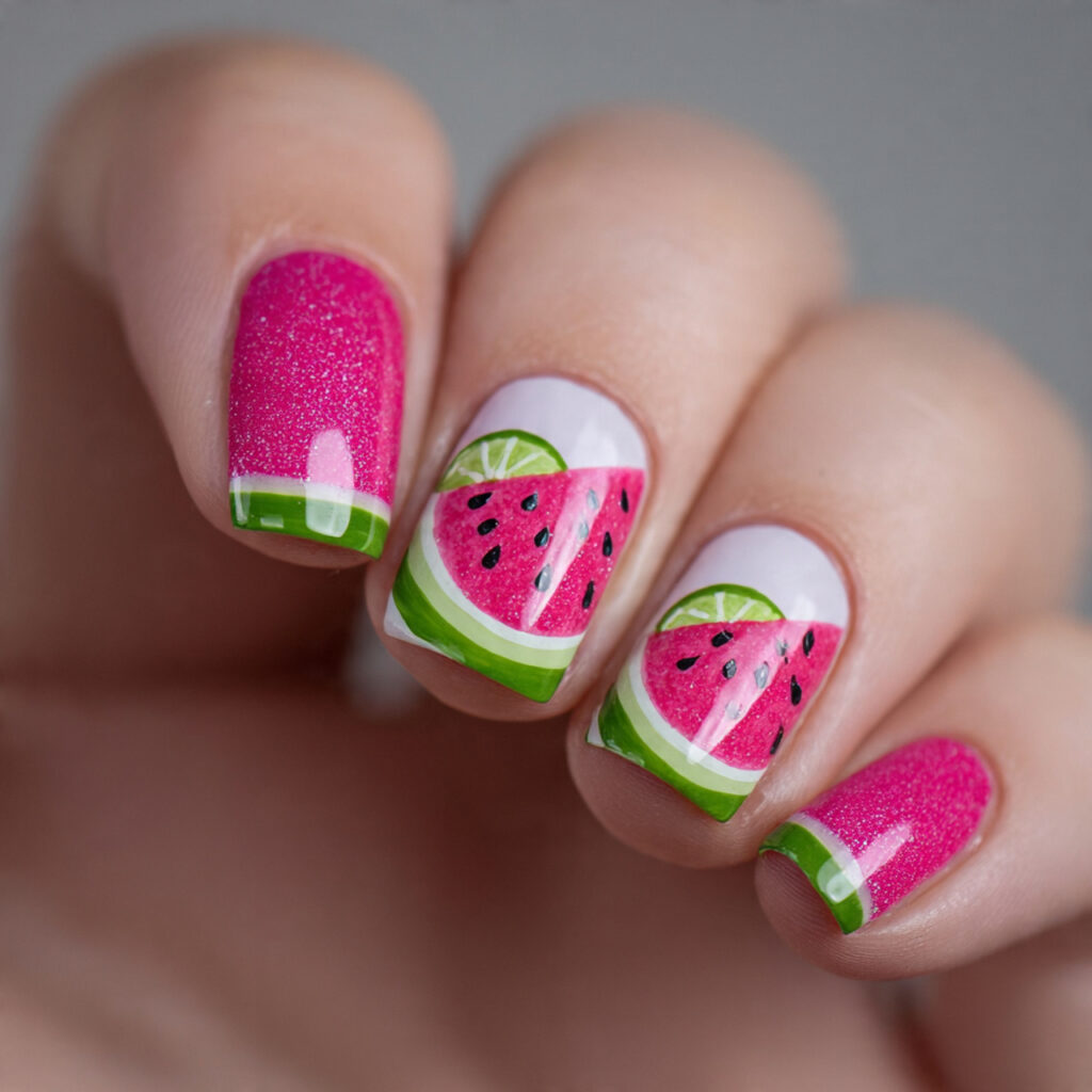 14 Summer Nails Square Ideas That Are So Chic, You’ll Want Them All 9 watermelon inspired square nails