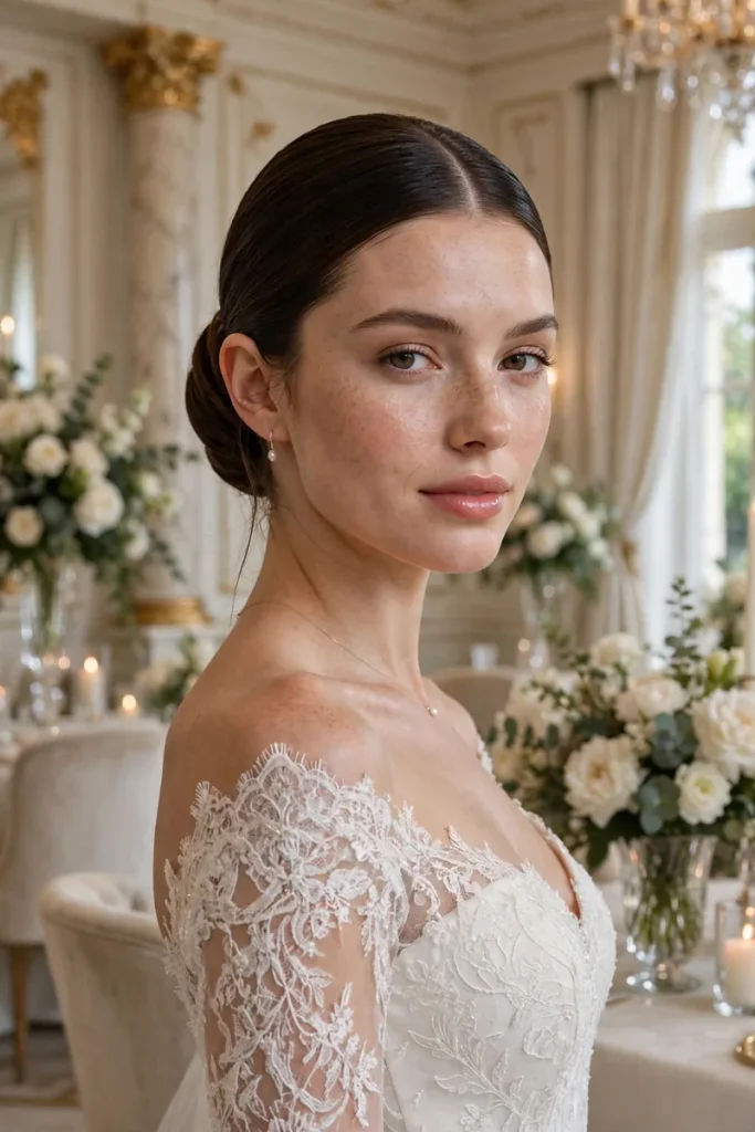 14 Wedding Hairstyles for Long Hair, Chosen Around Your Veil 3 wedding 02 sleek center low bun
