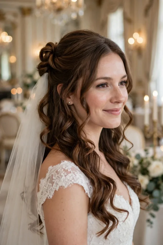 14 Wedding Hairstyles for Long Hair, Chosen Around Your Veil 5 wedding 04 halfup curls veil