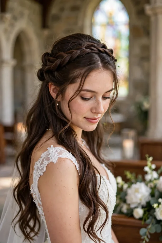 14 Wedding Hairstyles for Long Hair, Chosen Around Your Veil 6 wedding 05 twisted halfup crown