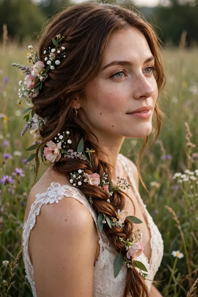 14 Wedding Hairstyles for Long Hair, Chosen Around Your Veil 10 wedding 09 boho side braid flowers