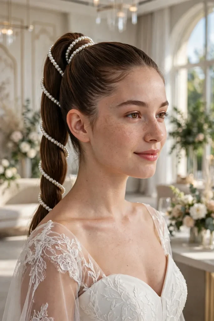 14 Wedding Hairstyles for Long Hair, Chosen Around Your Veil 13 wedding 12 sleek ponytail pearl wrap