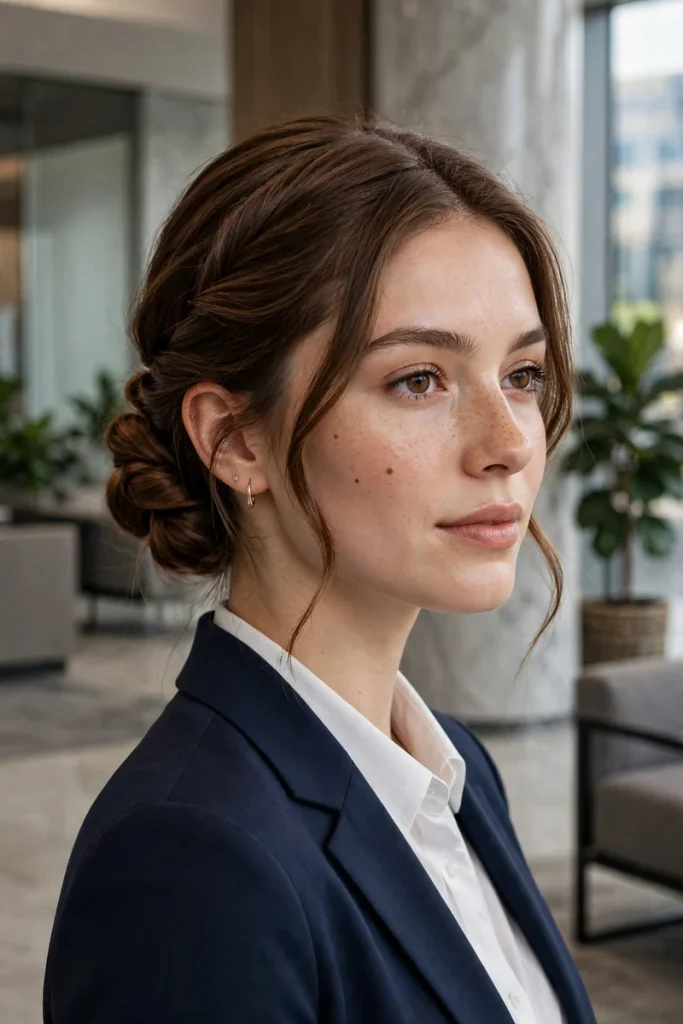 16 Work Hairstyle Ideas, Chosen for the Job You Actually Do 4 work 03 twisted side part bun