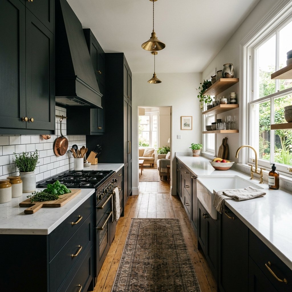 16 Galley Kitchen Ideas That Make Small Spaces Look Expensive Without Even Trying 3 Add Dramatic Dark Cabinets