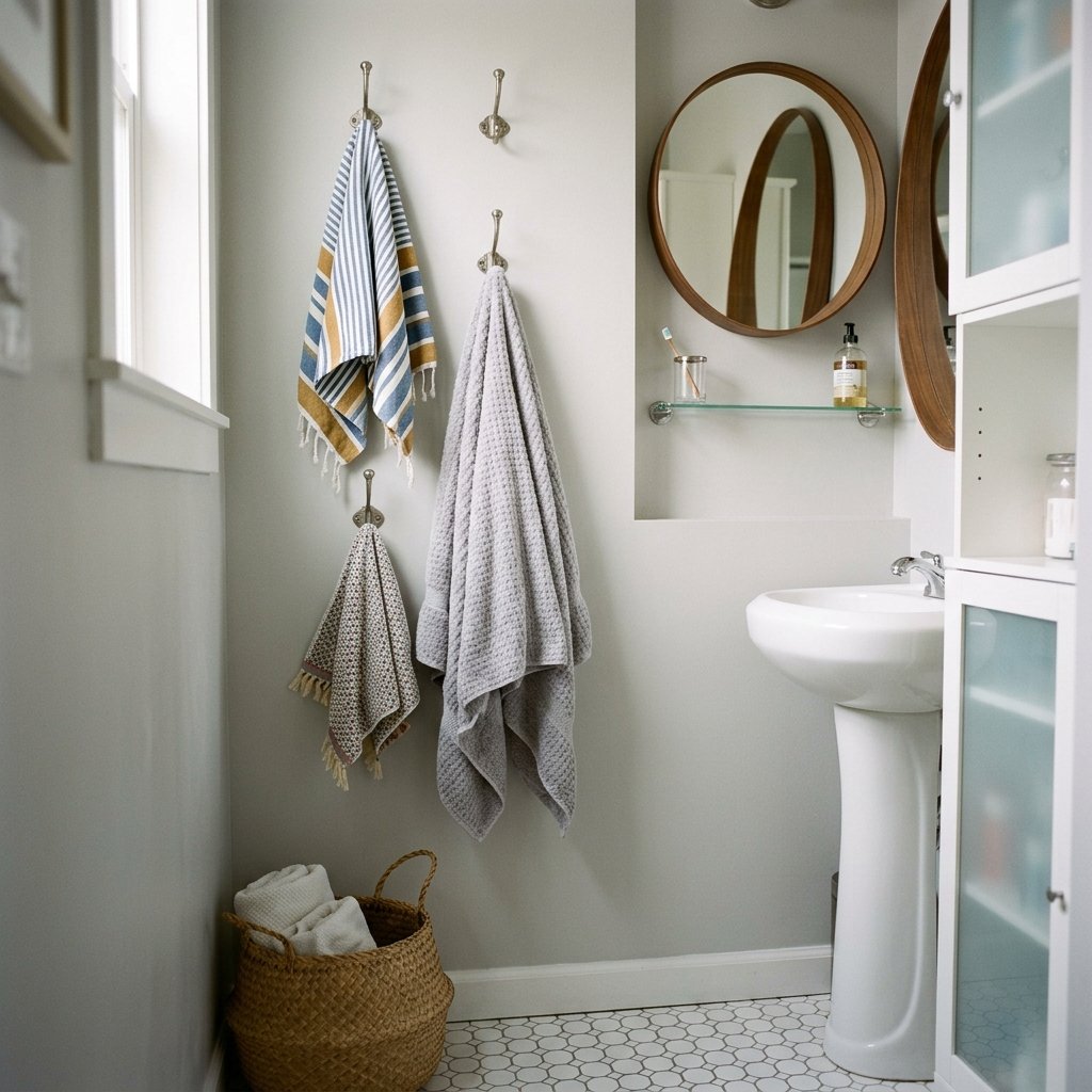 17 Tiny Bathroom Ideas That Make Small Spaces Look Seriously Expensive 11 Add Hooks Instead of Towel Bars