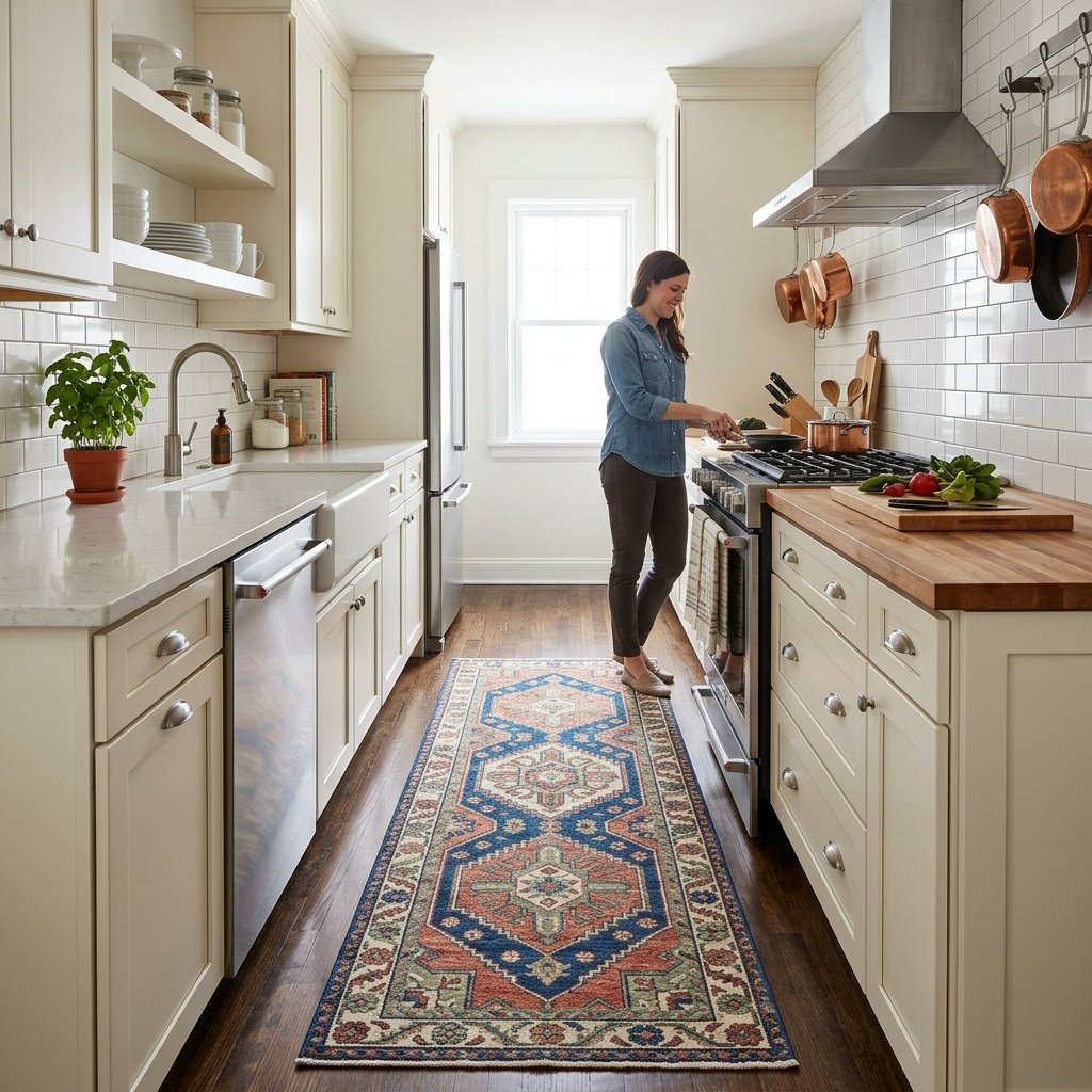 16 Galley Kitchen Ideas That Make Small Spaces Look Expensive Without Even Trying 6 Add a Statement Runner Rug