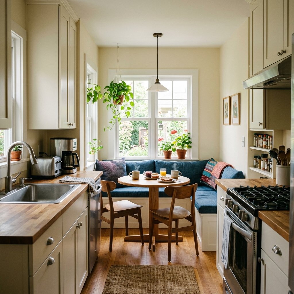16 Galley Kitchen Ideas That Make Small Spaces Look Expensive Without Even Trying 9 Add a Tiny Breakfast Nook