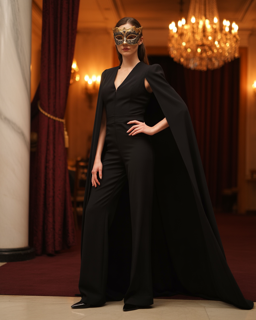17 Masquerade Outfit Ideas That’ll Make You Feel Like the Main Character All Night 6 All-Black Jumpsuit + Dramatic Cape