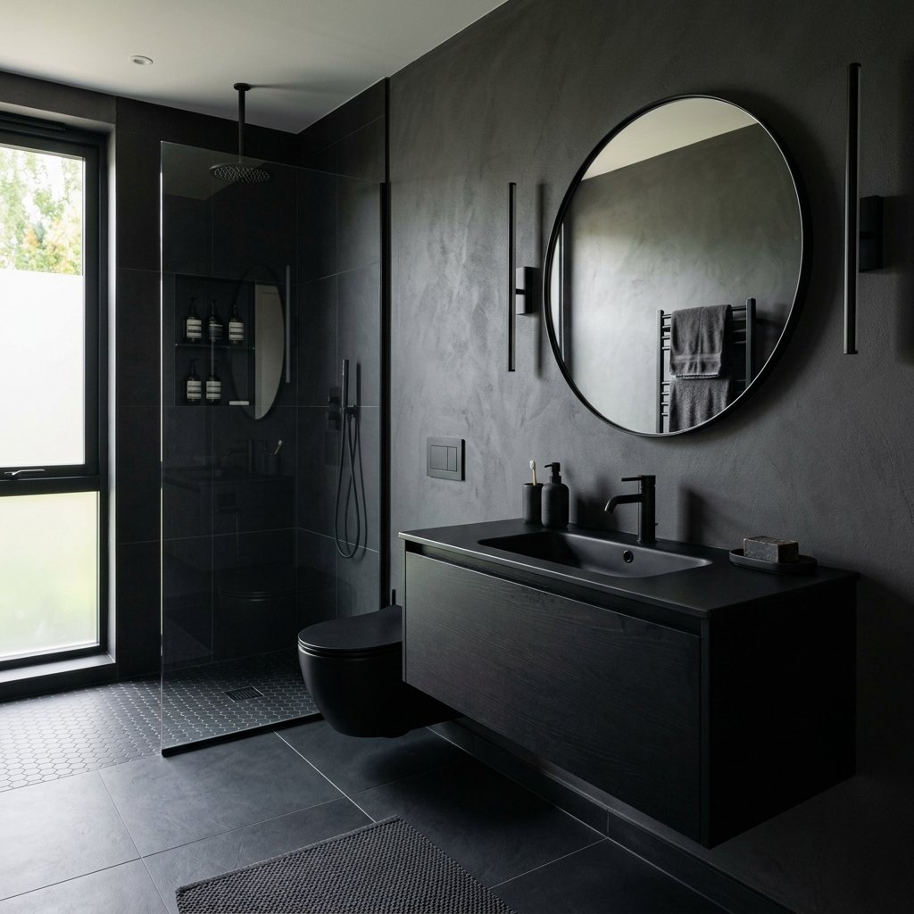 17 Black Bathroom Ideas That Look Expensive Without Trying Too Hard 12 All Black Minimalist Bathroom