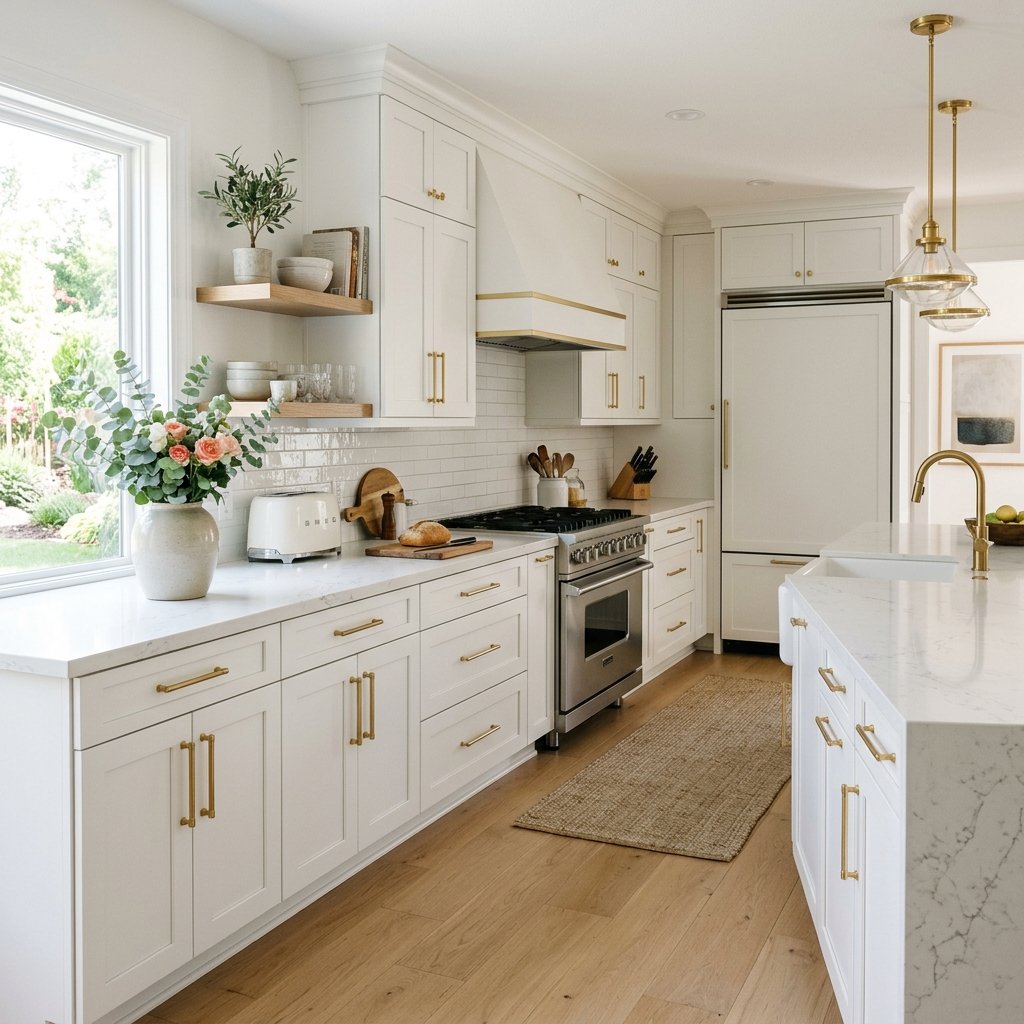 17 White Kitchen Ideas That Look Expensive Without Trying Too Hard 2 All White Cabinets With Gold Hardware