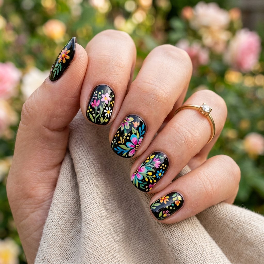18 Flower Summer Nail Ideas That’ll Make Your Hands the Main Character This Season 11 Black Base with Floral Contrast