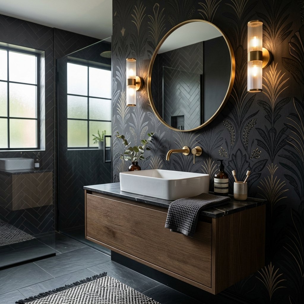 17 Black Bathroom Ideas That Look Expensive Without Trying Too Hard 14 Black Bathroom Wallpaper