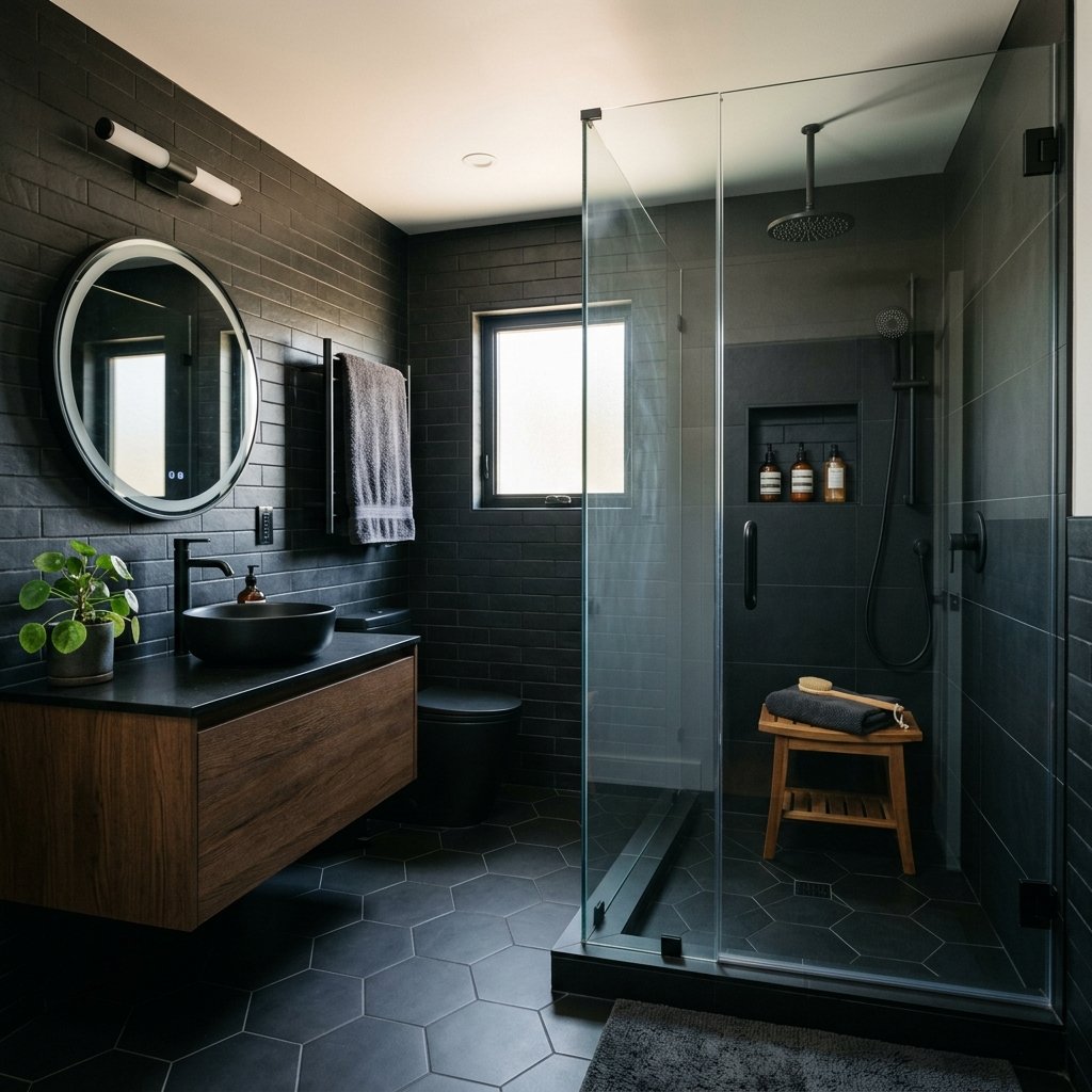 17 Black Bathroom Ideas That Look Expensive Without Trying Too Hard 16 Black Bathroom With Glass Shower Walls