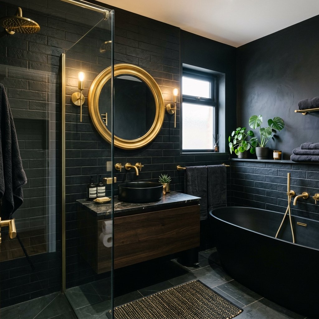 17 Black Bathroom Ideas That Look Expensive Without Trying Too Hard 11 Black Bathroom With Gold
