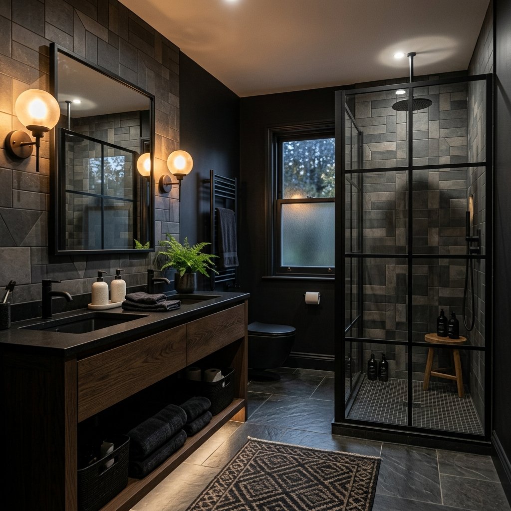 17 Black Bathroom Ideas That Look Expensive Without Trying Too Hard 18 Black Bathroom With Soft Lighting