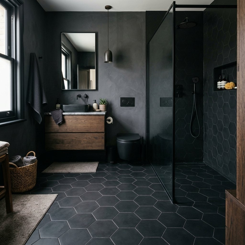 17 Black Bathroom Ideas That Look Expensive Without Trying Too Hard 8 Black Hexagon Floor Tiles