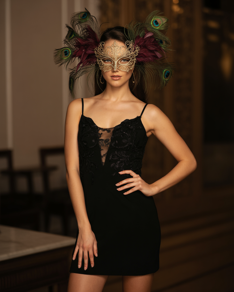 17 Masquerade Outfit Ideas That’ll Make You Feel Like the Main Character All Night 13 Black Mini Dress + Statement Mask