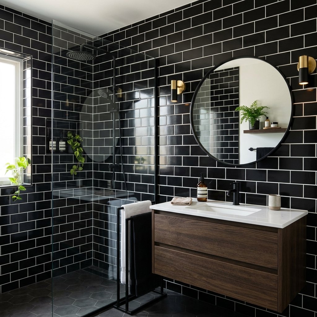 17 Black Bathroom Ideas That Look Expensive Without Trying Too Hard 3 Black Subway Tiles With White Grout