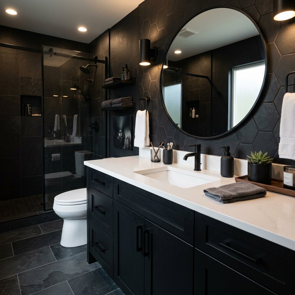 17 Black Bathroom Ideas That Look Expensive Without Trying Too Hard 15 Black Vanity With White Countertops