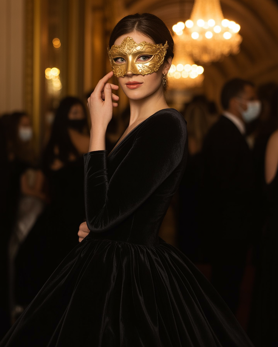 17 Masquerade Outfit Ideas That’ll Make You Feel Like the Main Character All Night 2 Black Velvet Gown + Gold Mask