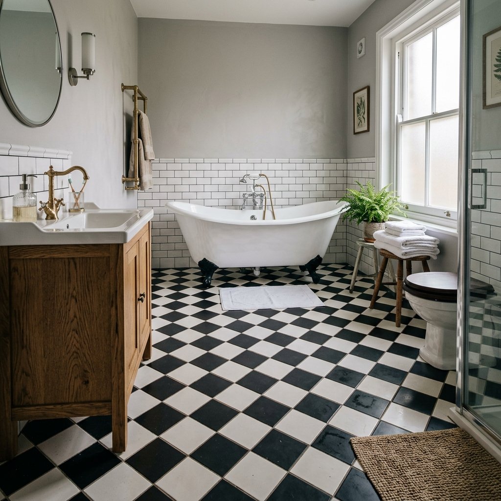 17 Bathroom Flooring Ideas That Instantly Make Your Space Look Expensive (Without the Celebrity Budget) 3 Black and White Checkerboard Floors