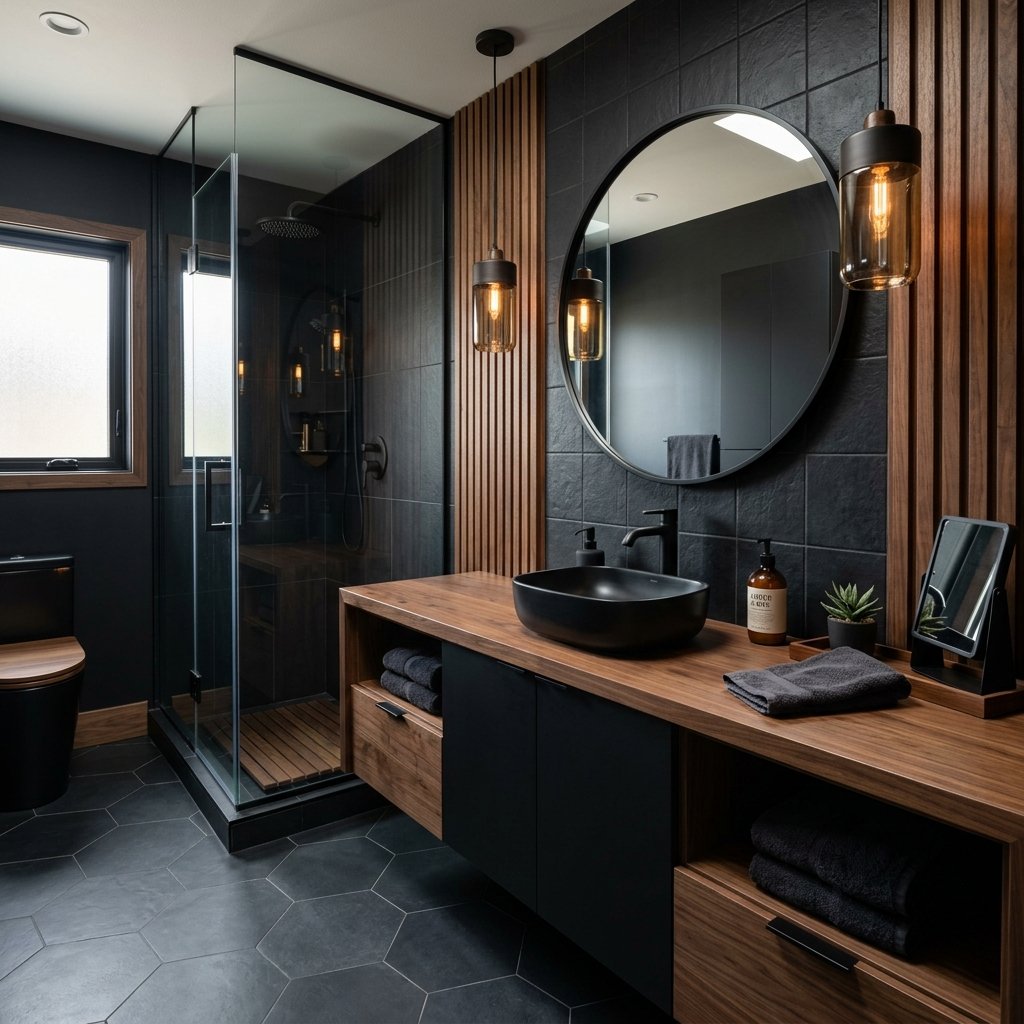 17 Black Bathroom Ideas That Look Expensive Without Trying Too Hard 6 Black and Wood Combo