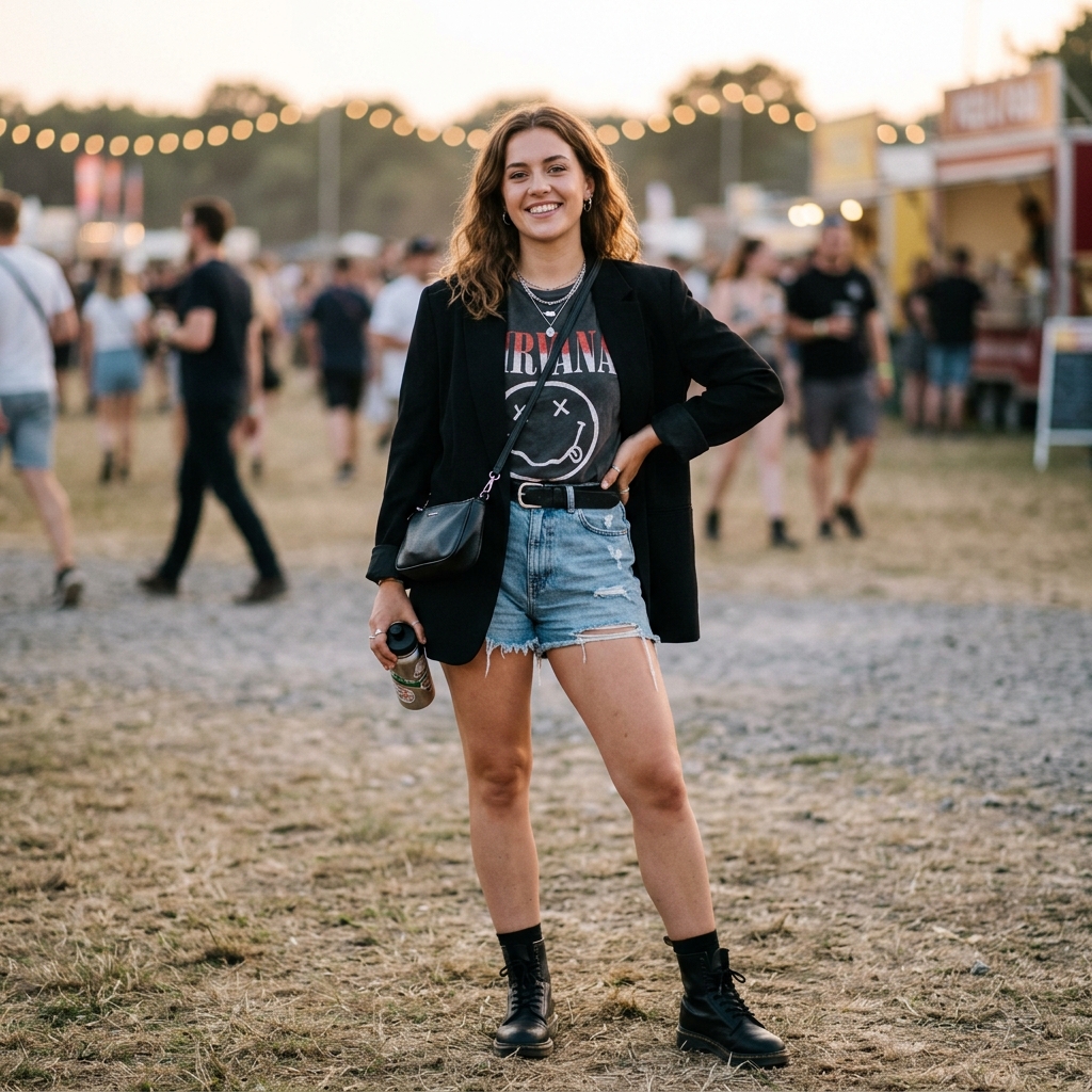 15 Concert Outfit Ideas That’ll Have You Looking Like the Main Character All Night 12 Blazer Denim Shorts