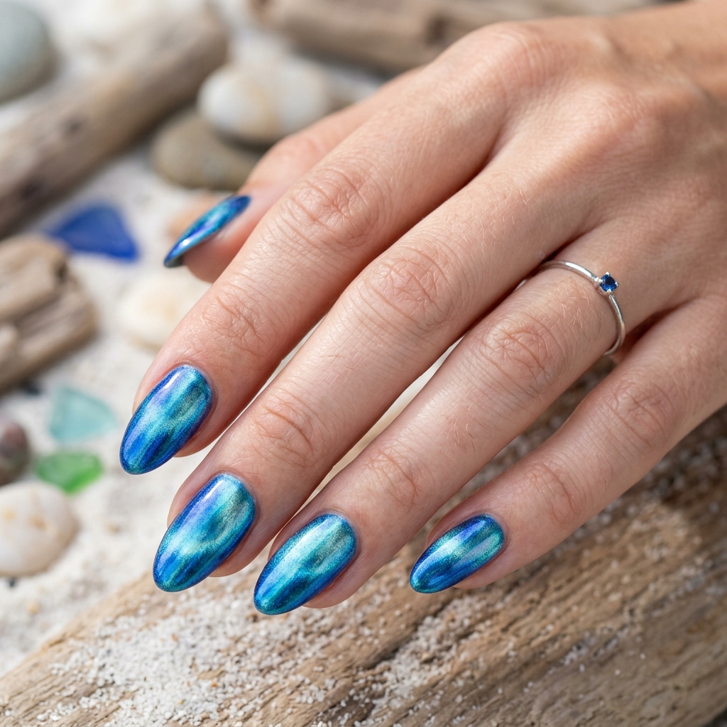 17 Chrome Summer Nails That Will Make Your Hands the Main Character This Season 15 Blue Chrome Ocean Vibes