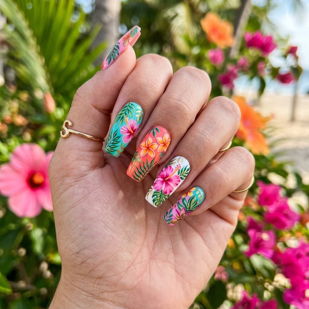 18 Flower Summer Nail Ideas That’ll Make Your Hands the Main Character This Season 4 Bold Tropical Flower Nails