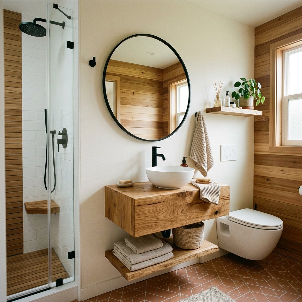17 Tiny Bathroom Ideas That Make Small Spaces Look Seriously Expensive 10 Bring in Natural Wood Tones