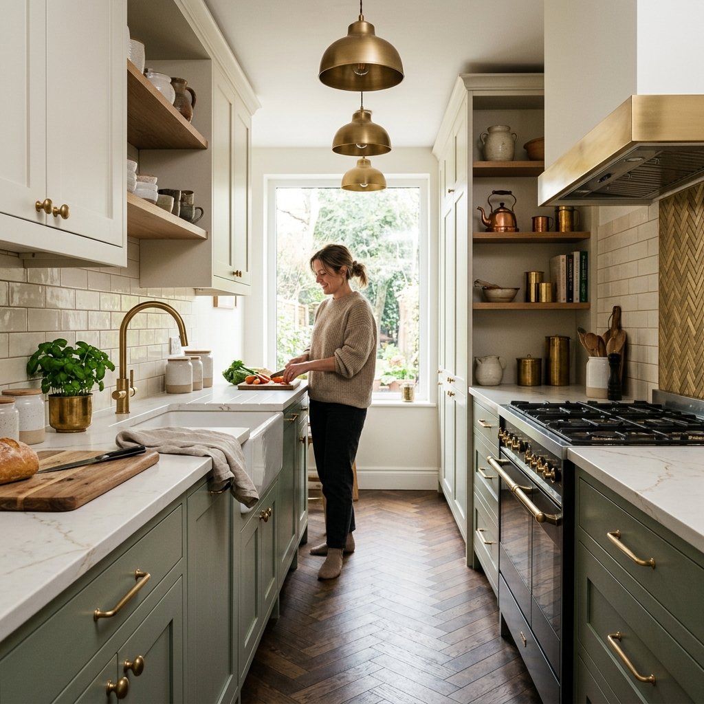 16 Galley Kitchen Ideas That Make Small Spaces Look Expensive Without Even Trying 12 Bring in Warm Metallic Accents