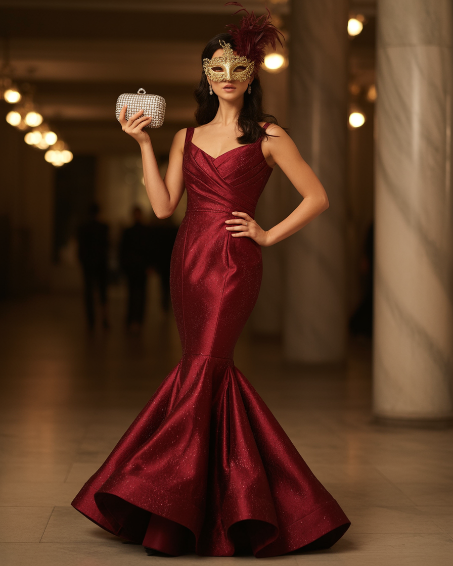17 Masquerade Outfit Ideas That’ll Make You Feel Like the Main Character All Night 15 Burgundy Mermaid Dress + Crystal Clutch