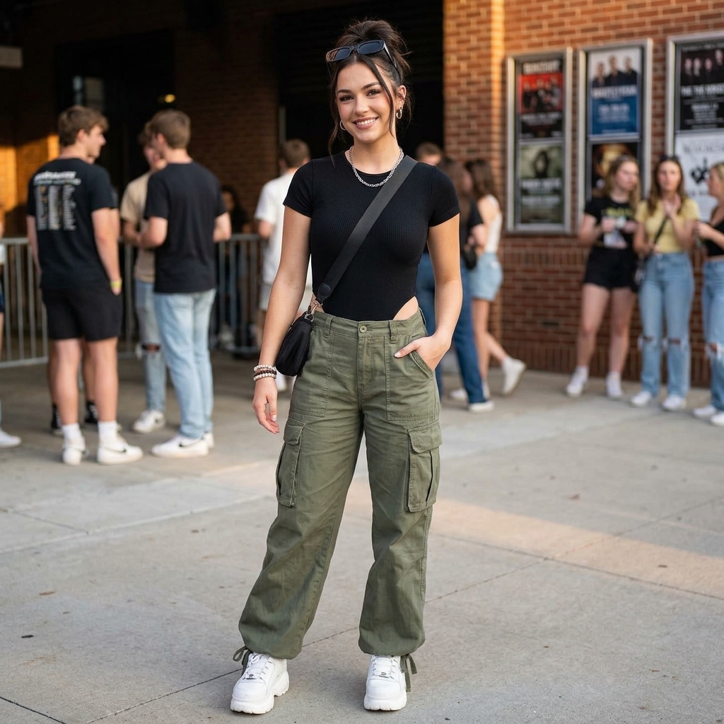 15 Concert Outfit Ideas That’ll Have You Looking Like the Main Character All Night 6 Cargo Pants Fitted Bodysuit