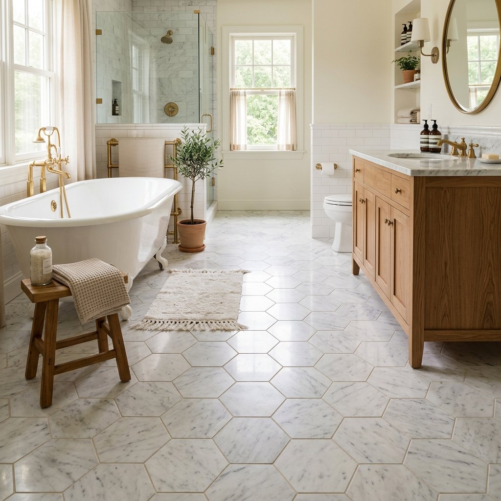 17 Bathroom Flooring Ideas That Instantly Make Your Space Look Expensive (Without the Celebrity Budget) 2 Classic Marble Tile Flooring