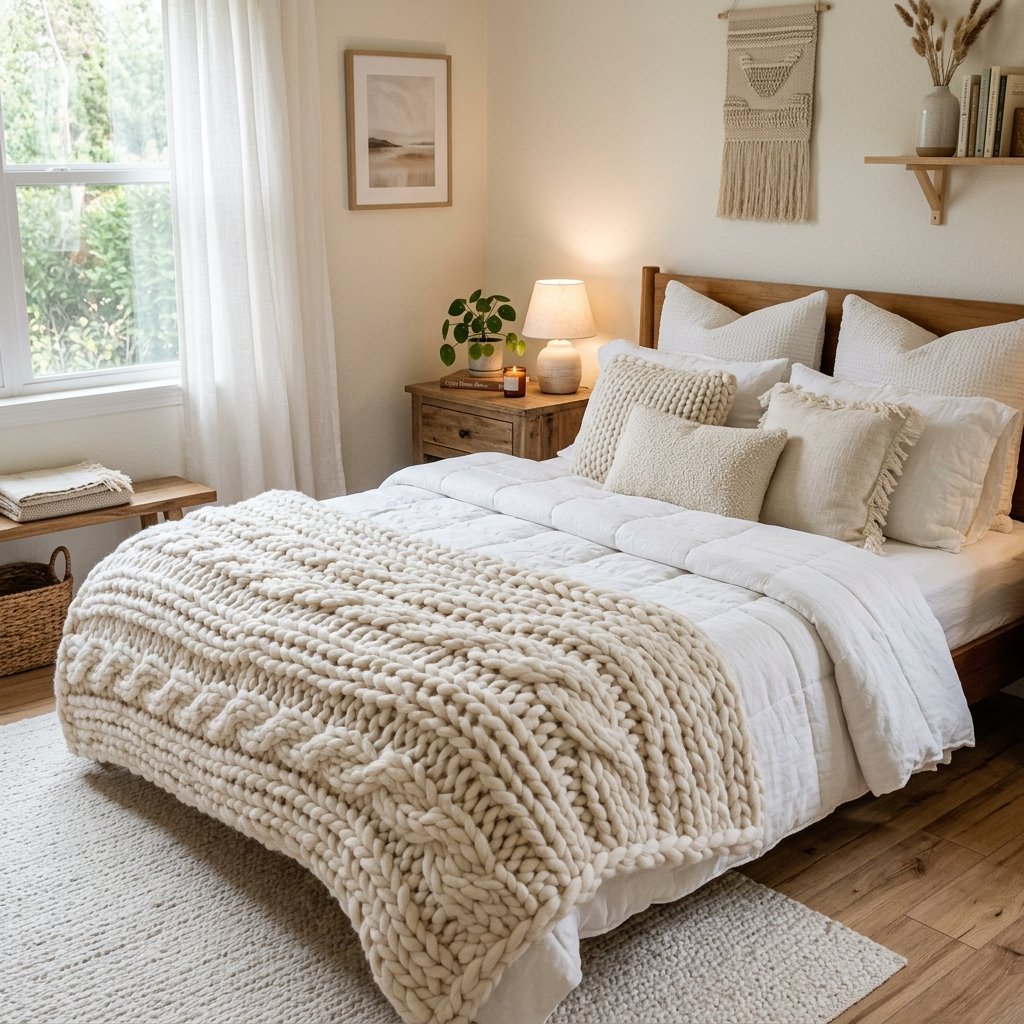 18 White Bedroom Ideas That Look Straight Out of a Pinterest Dream 2 Cozy White Bedroom With Chunky Knit