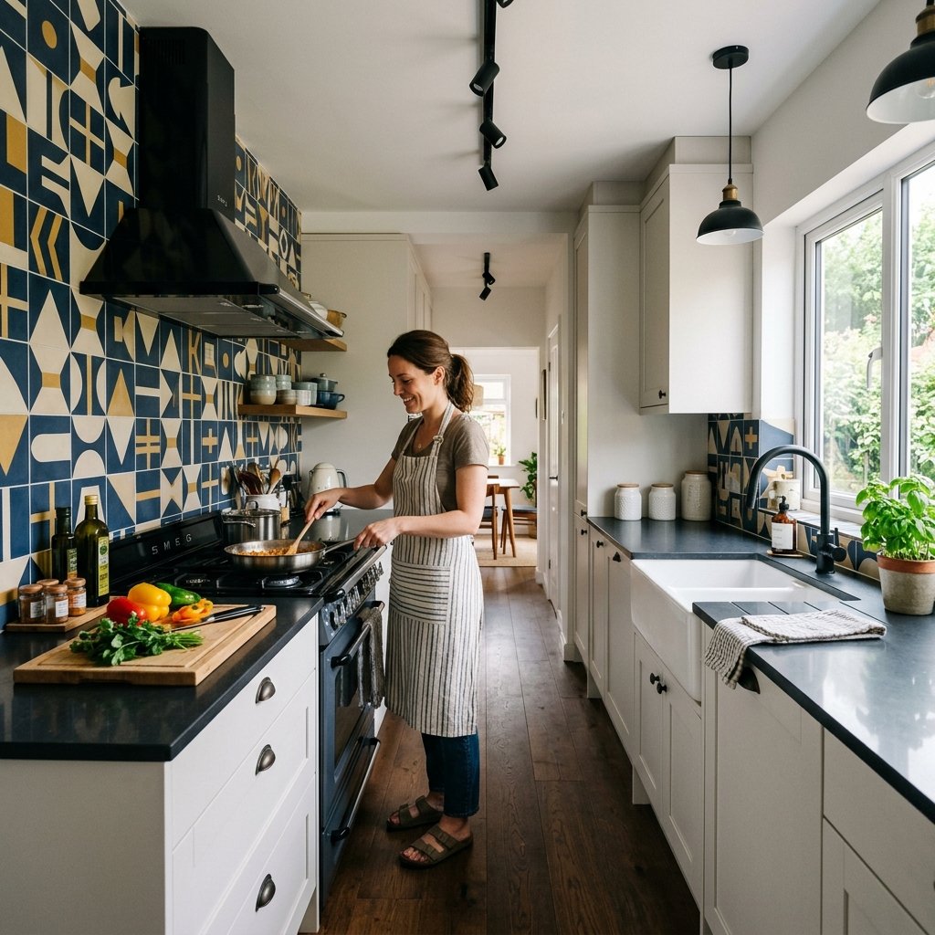 16 Galley Kitchen Ideas That Make Small Spaces Look Expensive Without Even Trying 11 Create Contrast With a Bold Backsplash