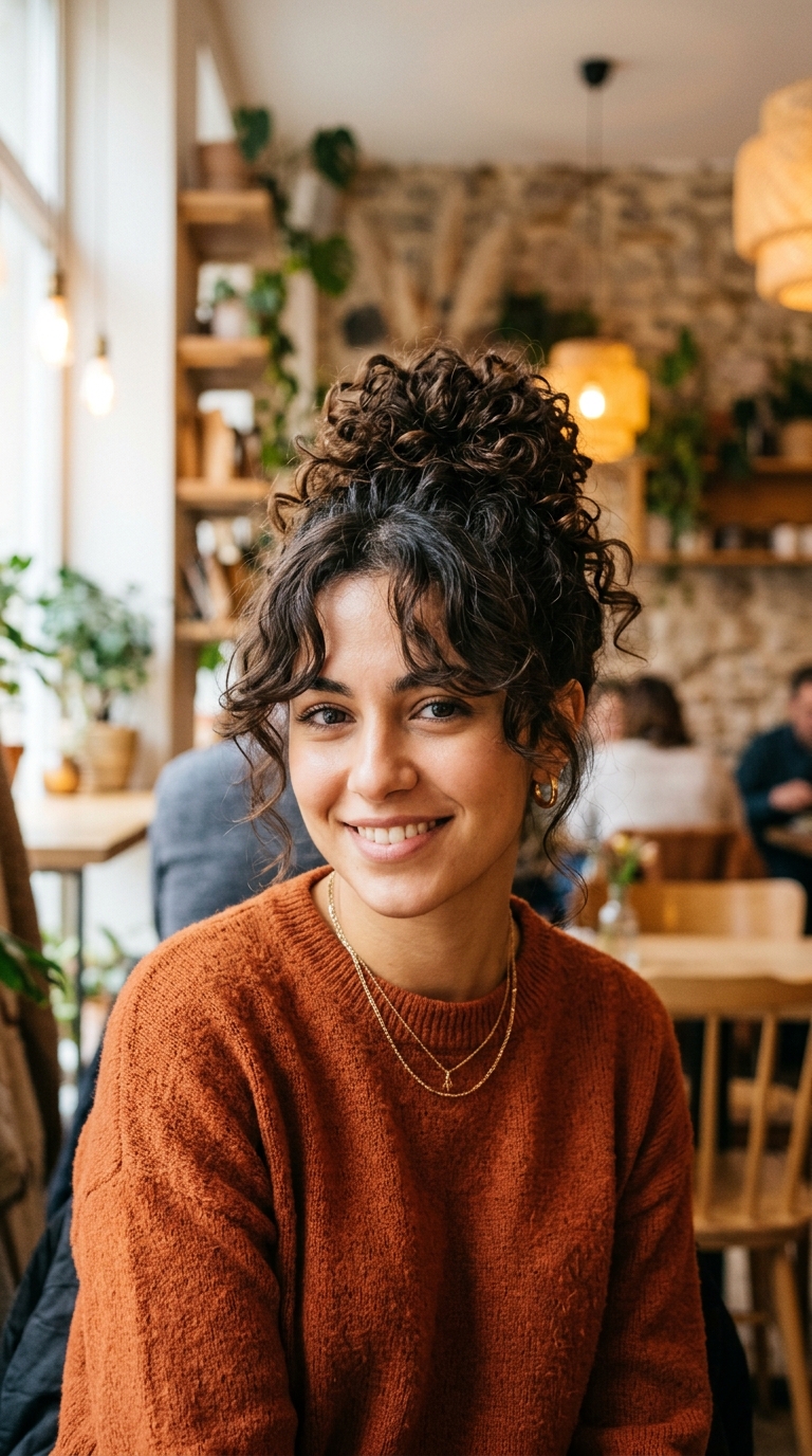 15 Curly Bun Hairstyles That Instantly Upgrade Your Look (No Effort, All Style) 16 Curly Bun with Curtain Bangs