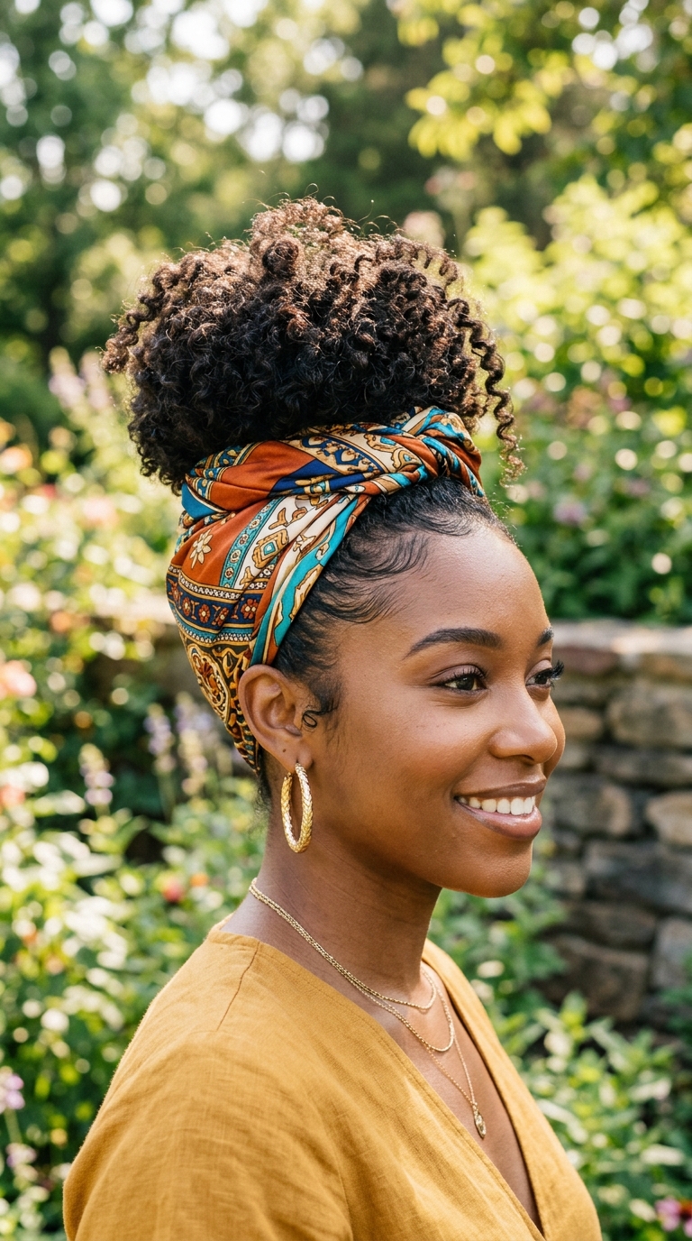 15 Curly Bun Hairstyles That Instantly Upgrade Your Look (No Effort, All Style) 14 Curly Bun with Scarf Wrap