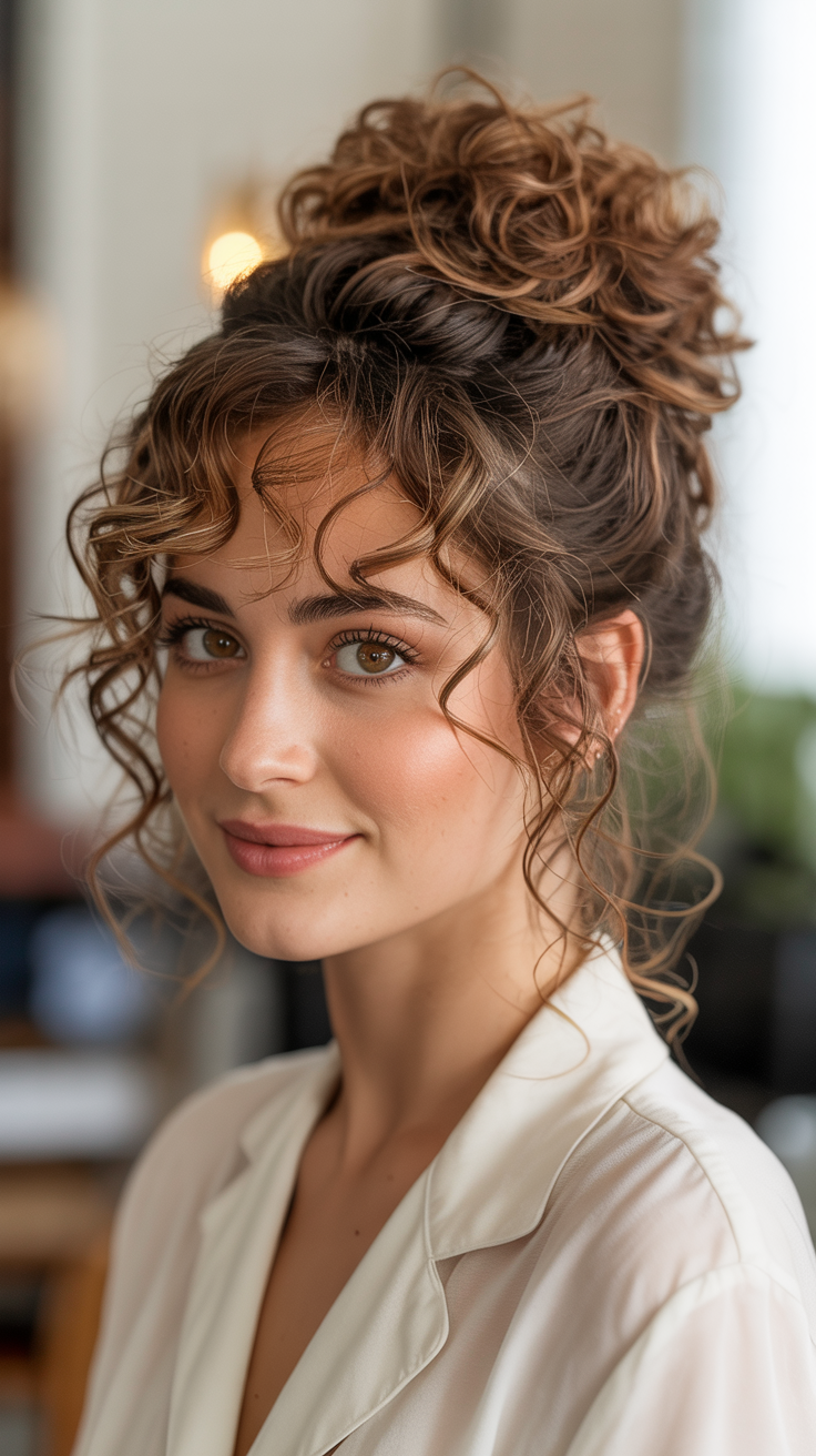 15 Long Curly Hairstyles That Will Make You Feel Like That Girl (Yes, Even on Lazy Hair Days) 10 Curly High Bun with Face-Framing Pieces