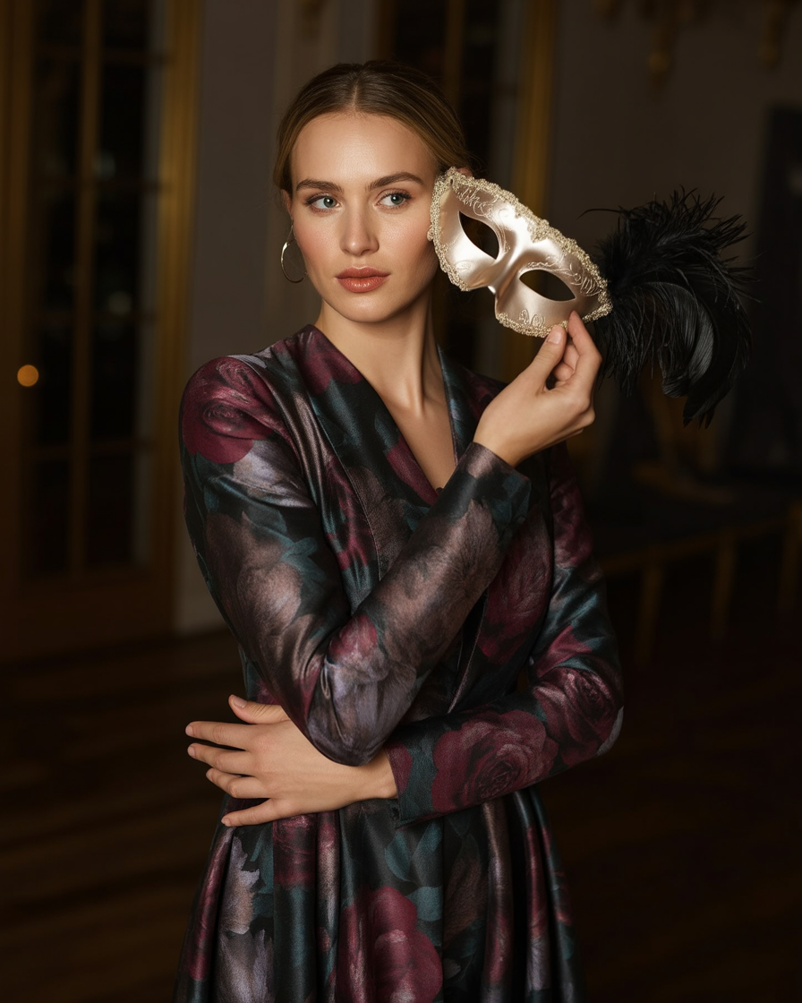 17 Masquerade Outfit Ideas That’ll Make You Feel Like the Main Character All Night 12 Dark Floral Dress + Velvet Heels