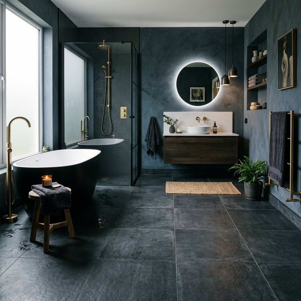 17 Bathroom Flooring Ideas That Instantly Make Your Space Look Expensive (Without the Celebrity Budget) 15 Dark Moody Bathroom Floors