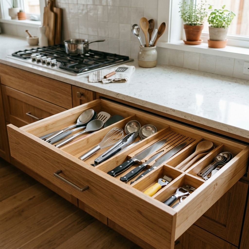 16 Kitchen Storage Ideas That Will Make Your Tiny Kitchen Feel Weirdly Expensive 13 Drawer Dividers That Keep You Sane