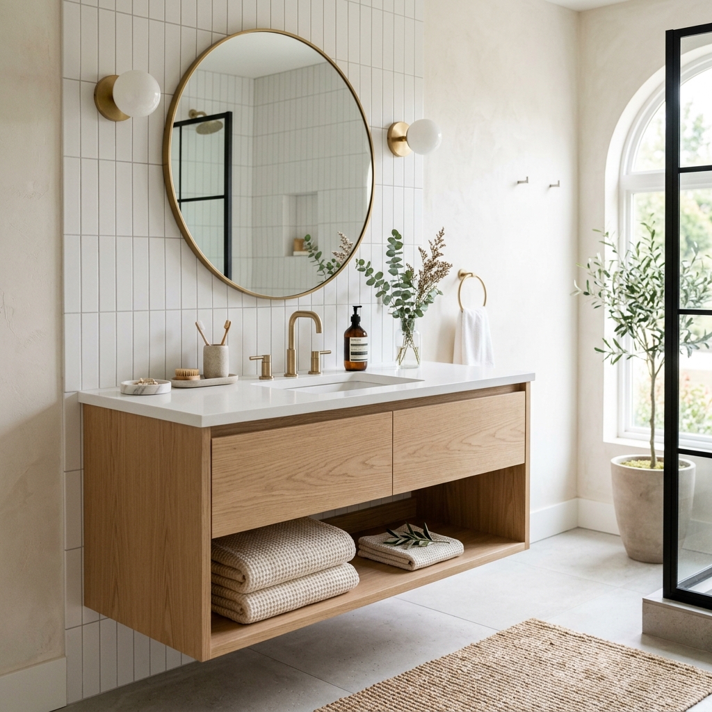 16 Modern Bathroom Ideas That Look Straight Out of a Luxury Spa (Without the Luxury Price Tag) 2 Floating Vanities for That Clean Girl Aesthetic
