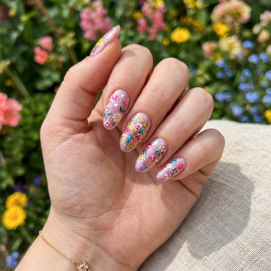 18 Flower Summer Nail Ideas That’ll Make Your Hands the Main Character This Season 12 Glitter Floral Nails