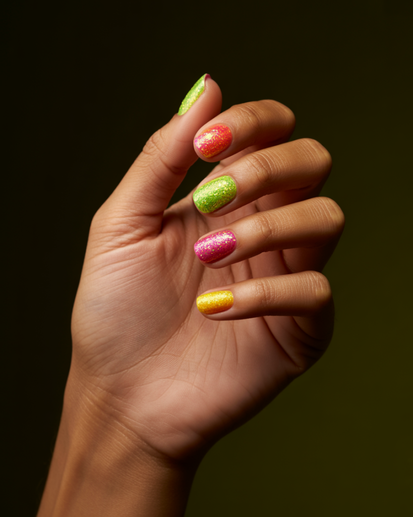 15 Summer Nails Bright Colors That Are Basically Sunshine for Your Hands 14 Glittery Neon Glow