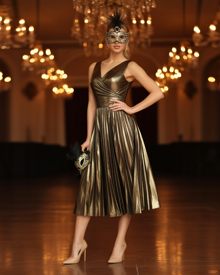 17 Masquerade Outfit Ideas That’ll Make You Feel Like the Main Character All Night 9 Gold Metallic Dress + Nude Heels