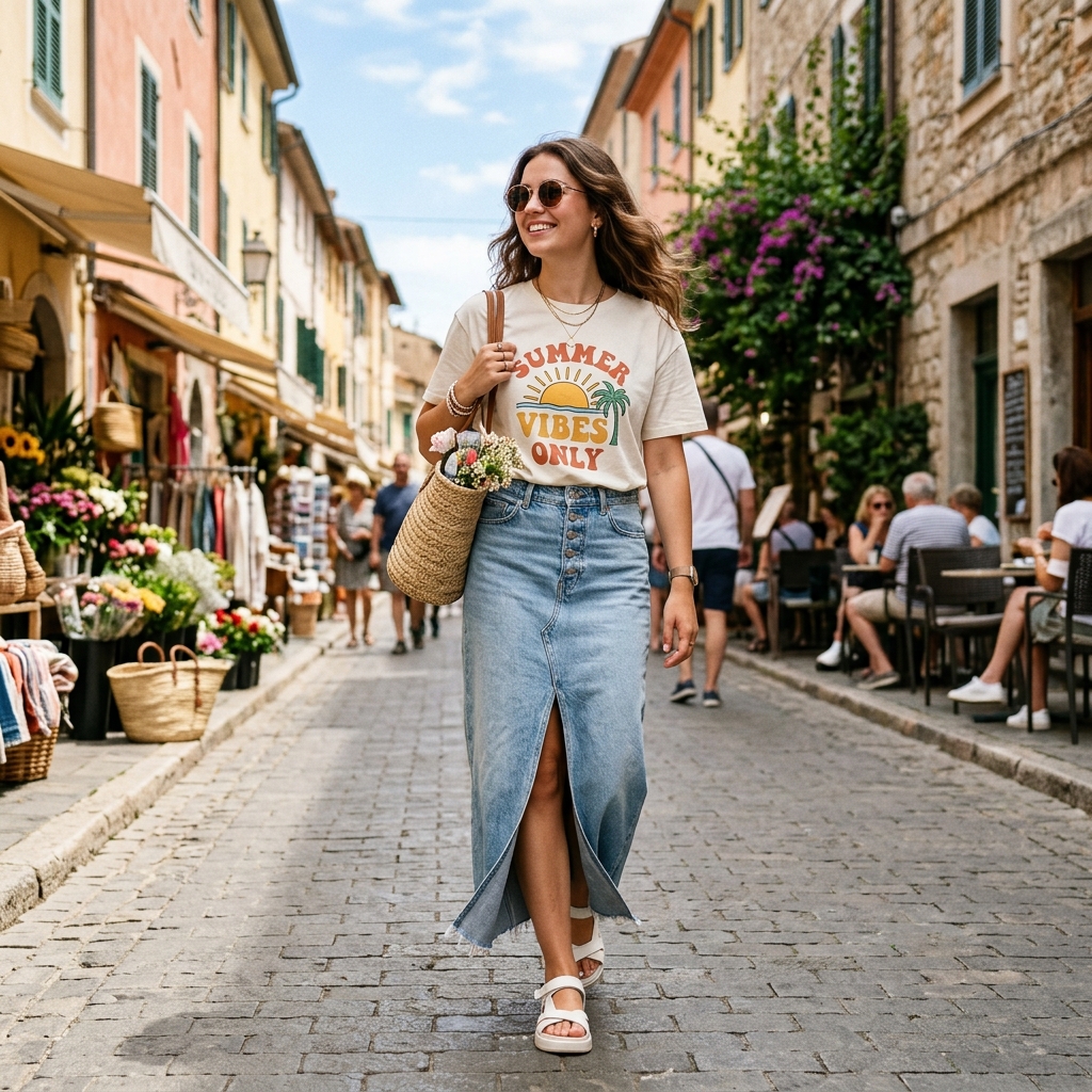 16 Summer Outfit Ideas That Make Getting Dressed Way Too Easy in 2026 5 Graphic Tee Denim Maxi Skirt