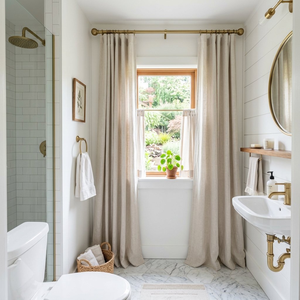 17 Tiny Bathroom Ideas That Make Small Spaces Look Seriously Expensive 13 Hang Curtains Higher