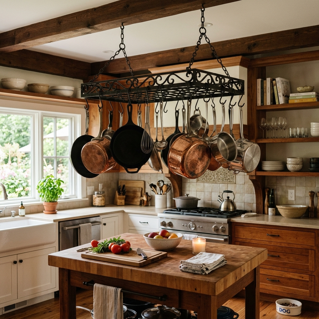 16 Kitchen Storage Ideas That Will Make Your Tiny Kitchen Feel Weirdly Expensive 14 Hanging Pot Racks